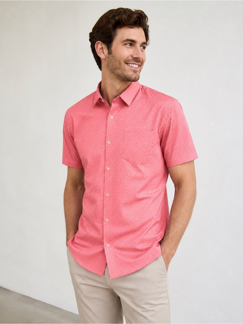 7DIAMONDS MENS PERFORMANCE SHORT SLEEVE BUTTON DOWN PINK CORAL MICRO PRINT XL